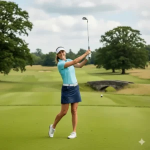A female golfer in the UK using a lightweight hybrid club for better swing speed and distance.