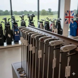 A dedicated display of various left-handed putters in a modern UK golf retail store overlooking a green course.