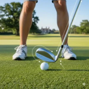 Top-down view of a golfer's address position on a manicured green, demonstrating the correct ball placement for a lob wedge shot.