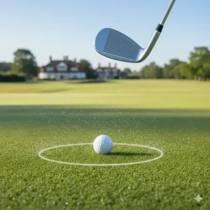 Close-up of a golf ball landing softly with heavy backspin on a damp UK green, showing the control provided by a high-lofted wedge.
