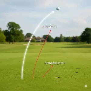 A photorealistic diagram showing the steep, vertical ball flight path of a lob wedge compared to the flatter trajectory of a standard pitch.