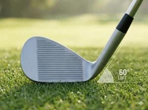 Technical diagram of a professional lob wedge resting on green turf, highlighting the 60-degree loft angle and precision-milled grooves.