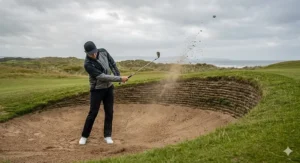 A golfer playing a high recovery shot with a lob wedge from a traditional revetted pot bunker on a UK links-style course.