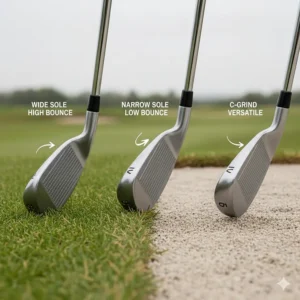 Comparison of three lob wedge sole grinds, including high bounce and low bounce options, tailored for different British turf conditions.