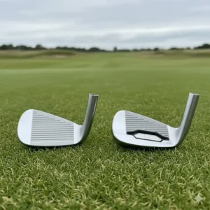 Comparison between a traditional muscle back blade and a modern players cavity back iron.