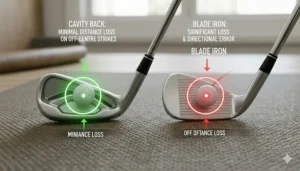 Alt text for image 5 Visual representation of a cavity back iron's ability to maintain ball speed on off-centre strikes during a round of golf.