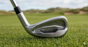 Close-up of an offset club head designed to help 20-handicap golfers square the face and reduce a slice at impact.