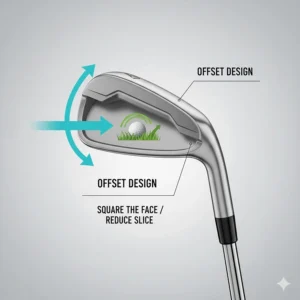 Close-up of an offset golf iron head designed to help UK beginners square the face and reduce slices.