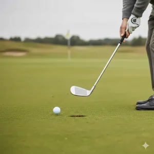 Action shot of a golfer using a wedge to play a precision pitch shot on a lush green fairway under a typical overcast sky.