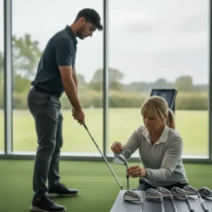 A golfer undergoing a custom fitting for players irons at a UK golf performance centre.