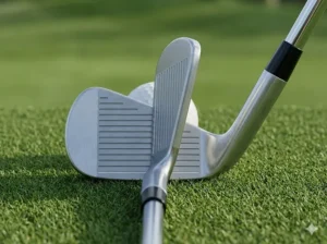 Topline view of a players iron at address showing a thin profile and minimal offset.