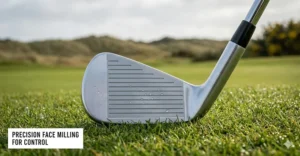 Close-up of precision-milled grooves on a club face for consistent spin control in varied British weather conditions.