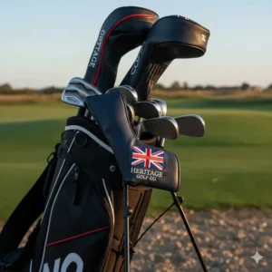 A stylish magnetic headcover protecting a mallet putter in a golf bag featuring British styling.
