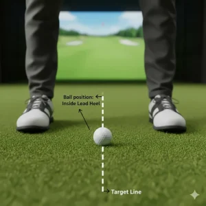 A top-down instructional view showing the correct ball position for a 3 wood, placed slightly inside the lead heel for an optimal strike.