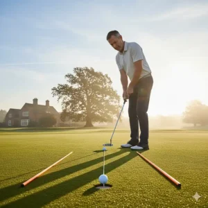 A golfer using orange alignment sticks and a mid-mallet putter to practise his stroke on a practice green in England.