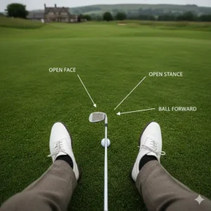 First-person view of a golfer's address position with a sand wedge, featuring an open club face and ball-forward stance on a UK green.