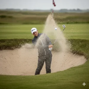 A golfer playing a high-lofted shot from a deep sand bunker on a classic UK links golf course.