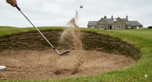 A golfer using a sand wedge to splash a ball out of a deep revetted pot bunker at a UK links course, showing the displacement of damp sand.