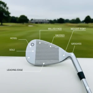 Annotated photorealistic diagram of a sand wedge head highlighting the leading edge, sole, and milled grooves for a UK audience.