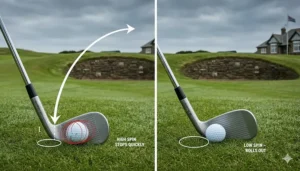 A comparison of ball flight and backspin generated by a sand wedge on a British fairway, showing high-spin versus low-spin results.