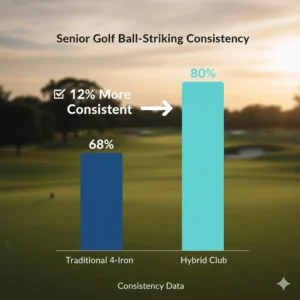 Infographic showing a 12% increase in ball-striking consistency for seniors switching from long irons to hybrids.