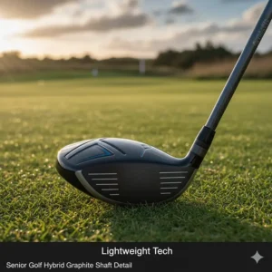 Close-up of a lightweight graphite shaft and specialised clubhead design on a hybrid club for seniors.