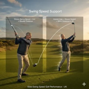 Illustration of how hybrid clubs help golfers with slower swing speeds generate more distance and lift.