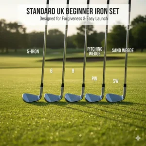 Infographic showing a typical UK beginner iron set from 5-iron down to Sand Wedge.