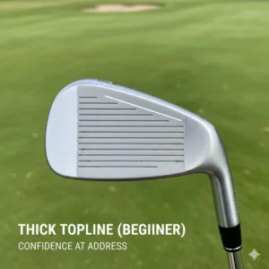 Bird's-eye view of a thick topline on a golf iron, providing confidence at address for novices.