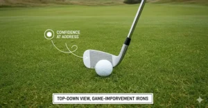 The confidence-inspiring view at address of a forgiving iron with a thick top line behind a golf ball.