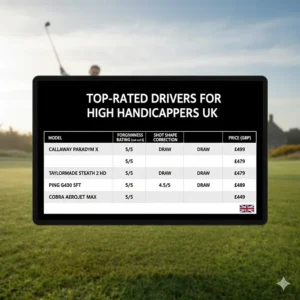 Infographic comparing the UK's most popular golf drivers for beginners and high-handicap players.