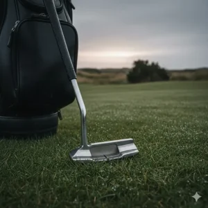 A classic steel blade putter resting against a black leather golf bag on a damp morning at a British links course.