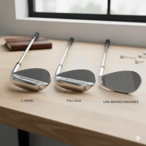 Close-up of three different wedge sole grinds on a wooden surface, showing variations in bounce and shape for UK turf conditions.