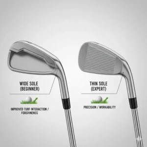 Comparison of a wide sole iron for beginners versus a thin sole blade for better turf interaction.
