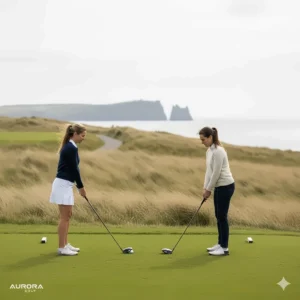 Two women golfers preparing to tee off with drivers at a traditional British links golf club.