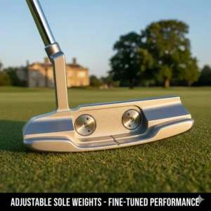 The underside of a modern blade putter showing adjustable sole weights for customising head weight.