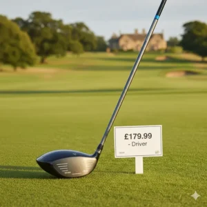 A close-up of a titanium golf driver priced under £200, showing the club head and graphite shaft.
