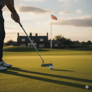 A golfer demonstrating an arm-lock putting method, a popular remedy for the yips compliant with R&A standards.