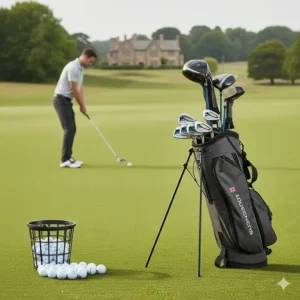 A beginner golf half set featuring essential clubs for those just starting out at a local driving range.