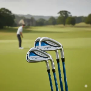 Detailed view of cavity back golf irons, ideal for beginners to help launch the ball higher.