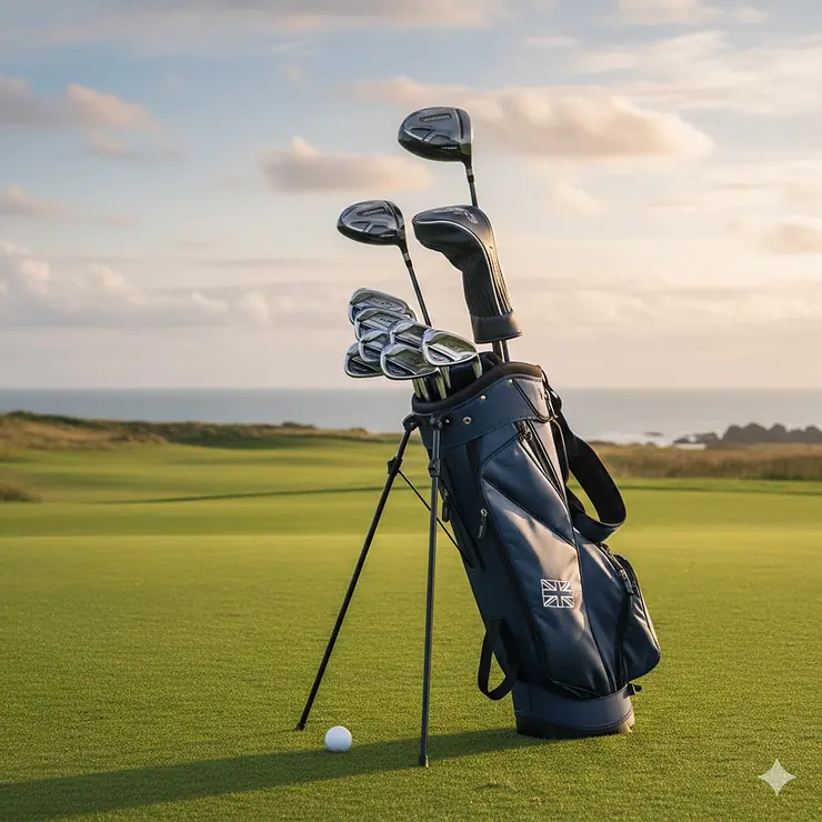 A complete beginner golf club set including driver, irons, and a stand bag on a lush green British golf course. beginner golf club sets