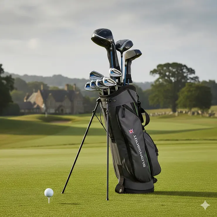 A complete set of beginner golf clubs in a stand bag on a lush green fairway at a British golf course. beginner golf clubs