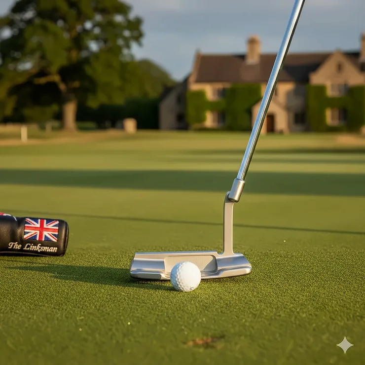 A premium steel blade putter resting on a manicured green at a UK golf course, showcasing a traditional thin-profile design. blade putter UK