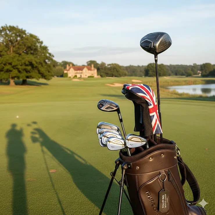 A premium set of iron golf clubs for a mid-handicap player arranged in a leather bag on a British parkland course. golf clubs for mid handicap