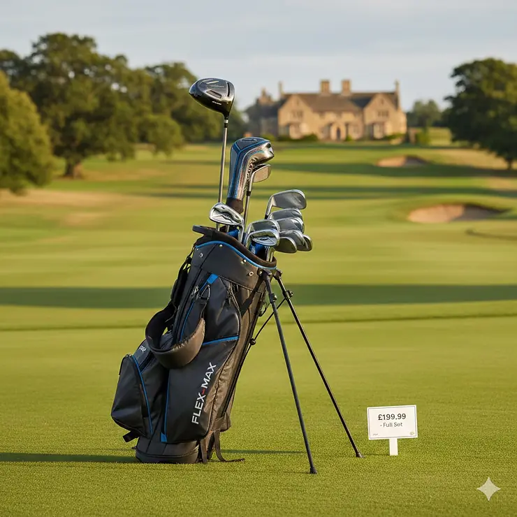 A complete beginner golf club set with a stand bag on a green British fairway, representing value golf clubs under £200. golf clubs under £200