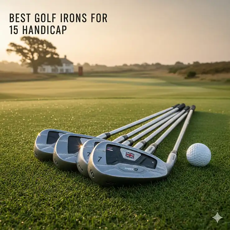 A premium set of game-improvement golf irons on a lush green UK fairway, ideal for a 15-handicap golfer. golf irons for 15 handicap