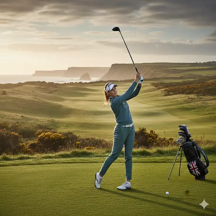 A professional golfer using high-quality ladies golf clubs on a lush green UK links course during the morning. ladies golf clubs UK