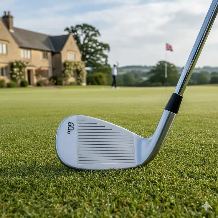 A professional 60-degree lob wedge resting on a manicured British parkland green with a traditional stone clubhouse and the Union Jack flag in the background. value driver UK