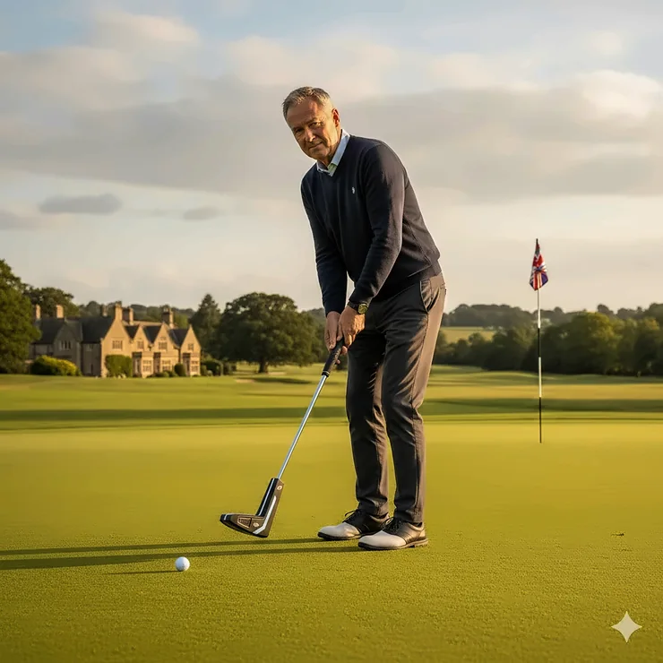 A middle-aged British golfer using a modern mallet putter on a manicured grass green with a traditional clubhouse in the background. putter for yips UK
