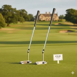 A mallet-style putter and a blade putter on a putting green, highlighting affordable options for UK players.